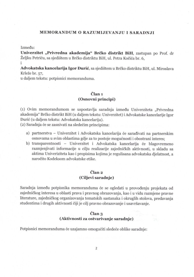 Univerzitet „Privredna akademija“ uspostavio saradnju sa Advokatskom kancelarijom Igor Đurić iz Brčkog - Memorandum o razumijevanju i saradnji str 1